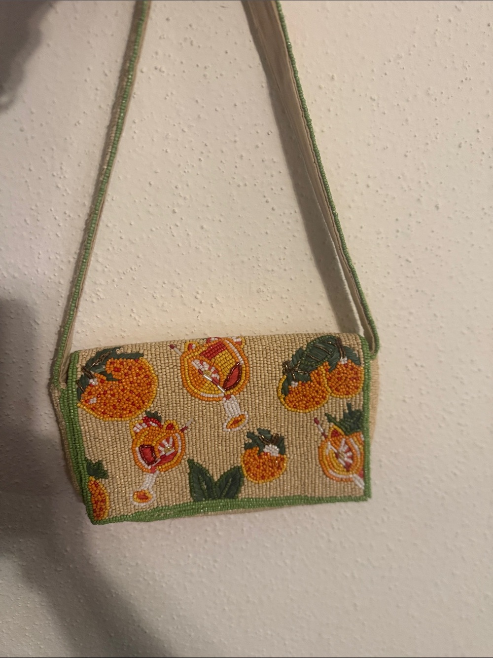 Beaded Orange Floral Crossbody Bag - Green Trim